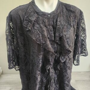 Vintage Silhouettes Black Lace Ruffle Front Button Up Top Size 3X Whimsygoth Emo